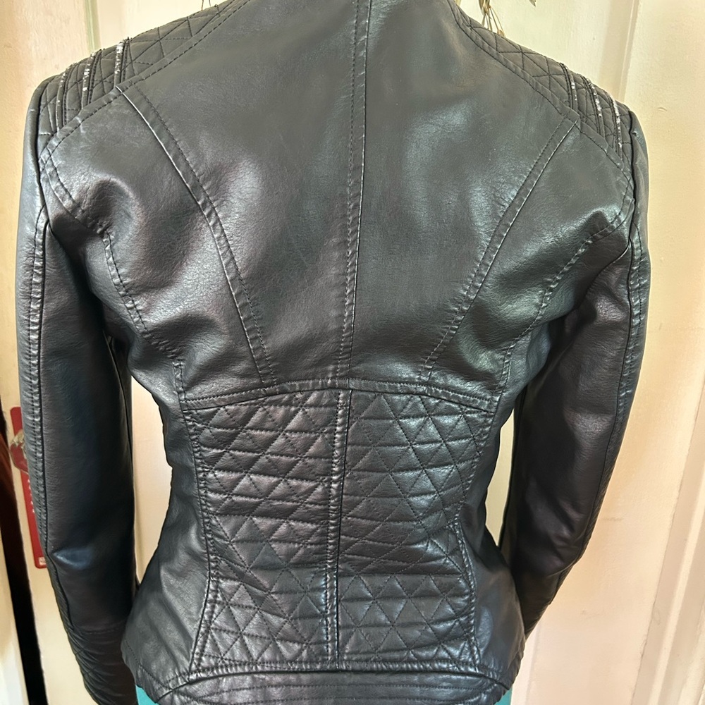 Black Moto-Style Pleather/Vegan Leather Jacket - Picture 2 of 5